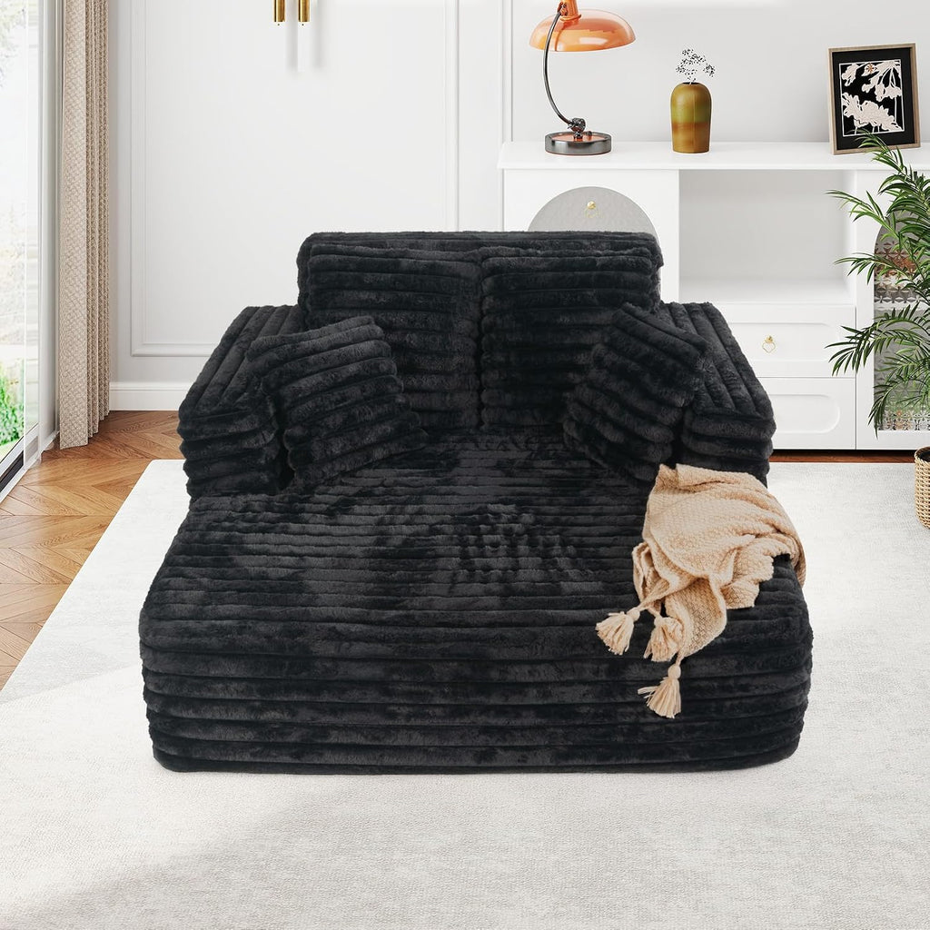 JEEOHEY 56' Oversized Chaise Lounge Chair Indoor,Plush Faux Fur Sleeper Sofa Couch Bed with Pillows&Wide Armrests,Fluffy Comfy Cloud Couch,Compression Foam Couch for Living Room,Bedroom(Black)