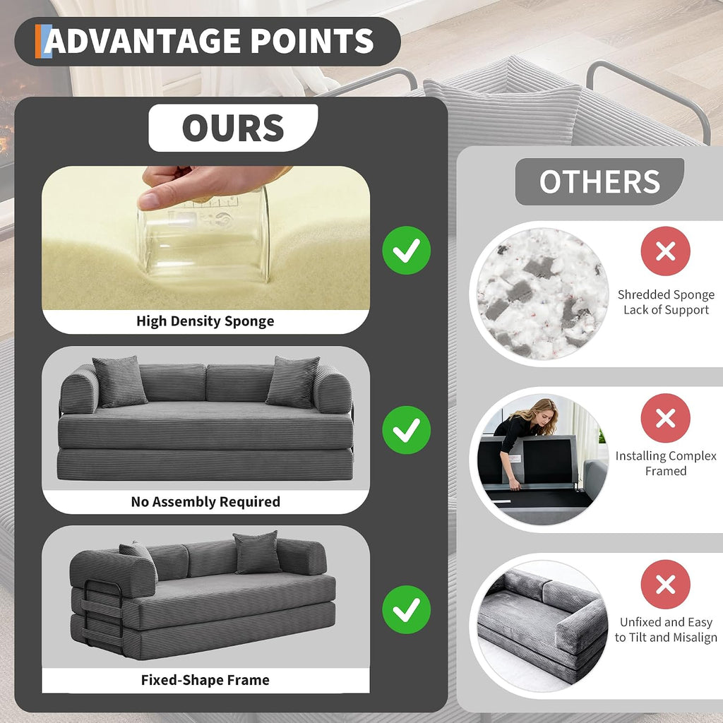GarveeHome 79' Convertible Sleeper Sofa Bed Couch, 4-in-1 Boneless Corduroy Folding Sofa Bed with Pillow & Fixed-Shape, Floor Mattress Couch Loveseat for Living Room Apartments - No Assembly, Gray