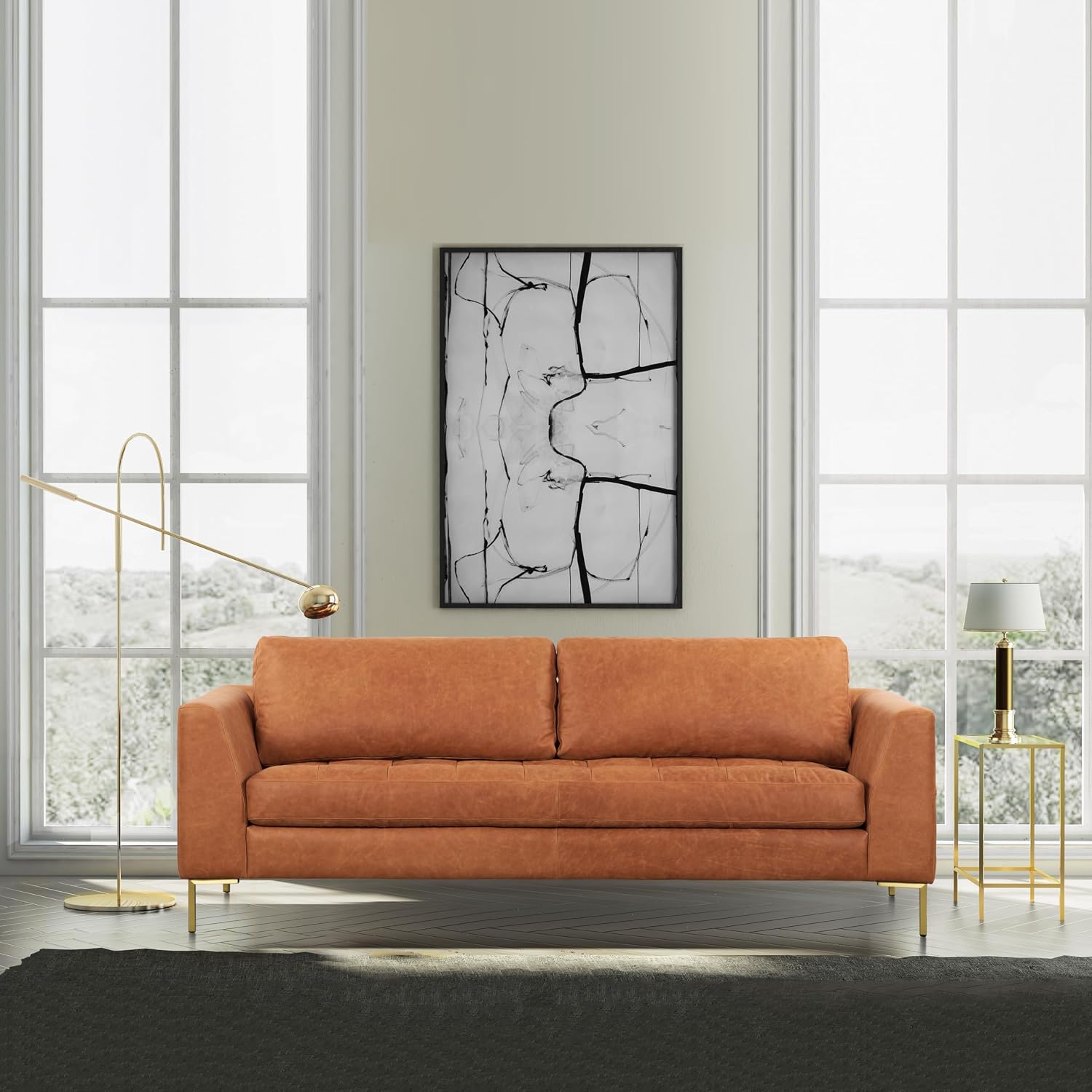 Poly & BARK Calle 90' Sofa, Full-Grain Pure-Aniline Italian Leather, Cognac Tan, Brass Legs