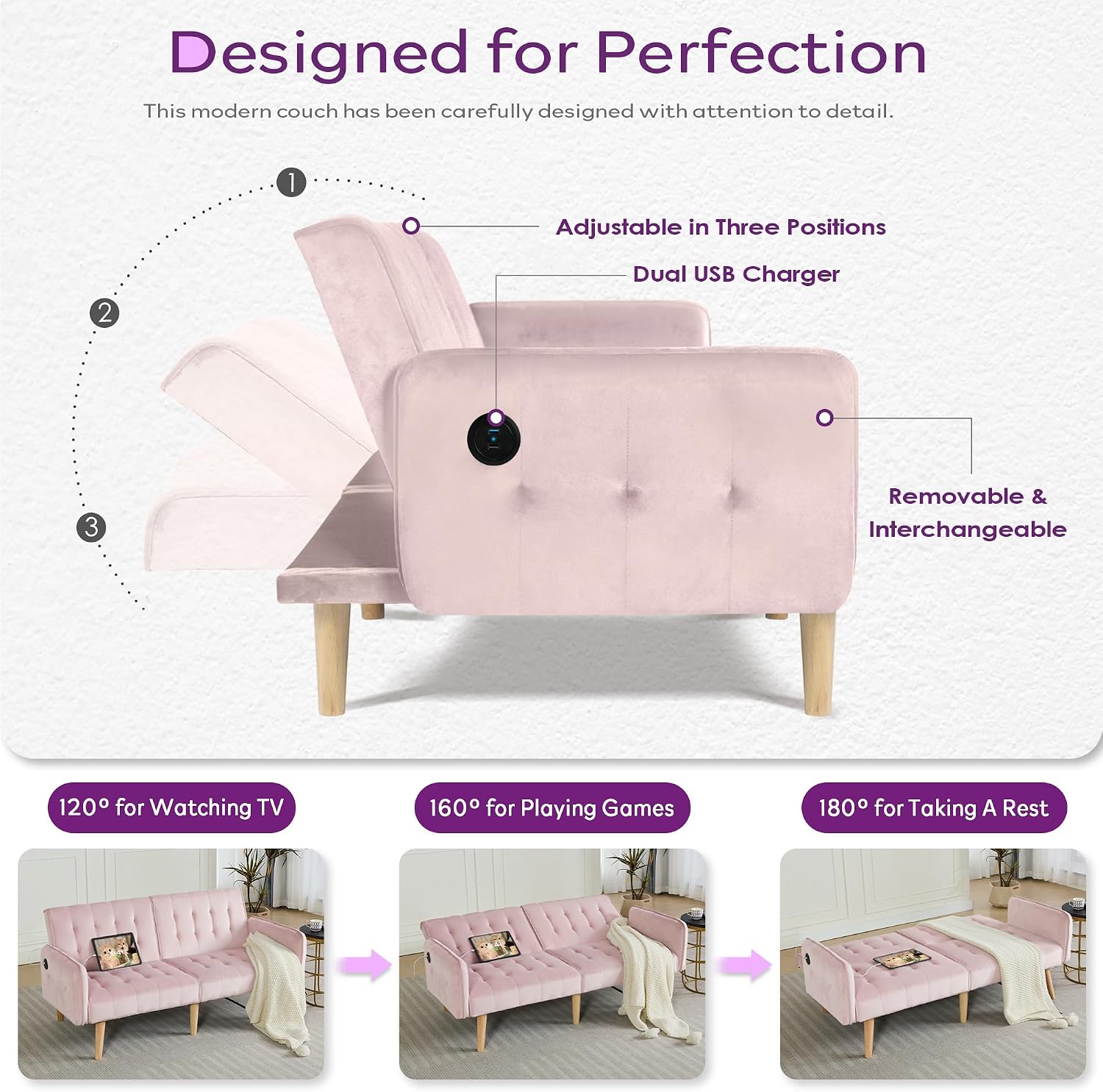 TYBOATLE 65' W Velvet Modern Convertible Folding Futon Couch Sofa Bed w/ 2 USB Charging Ports and arms, Loveseat for Compact Living Space, Dorm, Game Studio, Bonus Room, Apartment, Bedroom (Pink)