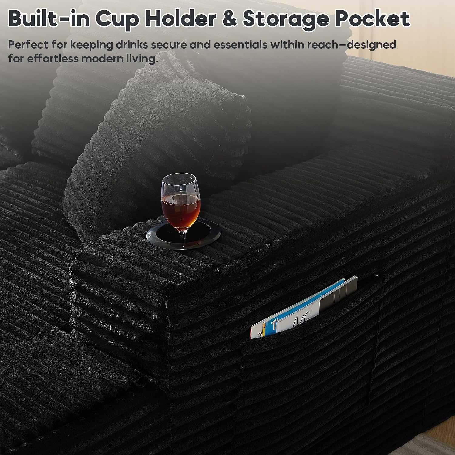125 Inch Modular Sectional Sofa, Cloud Couch Oversized U Shaped Corduroy Sofa with Storage & Cupholders, Modern Deep Seat Boneless Couches for Living Room, No Assembly Required, Black