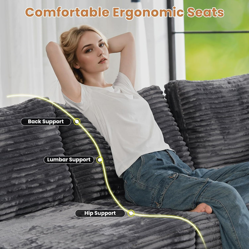 ovios Modular Sectional Sofa Couch with U-Shape Chaise Ottomans, Comfy Plush Corduroy Cloud Couches, Modern Deep Seat Sofas Set for Living Room, 9-Seater, Grey