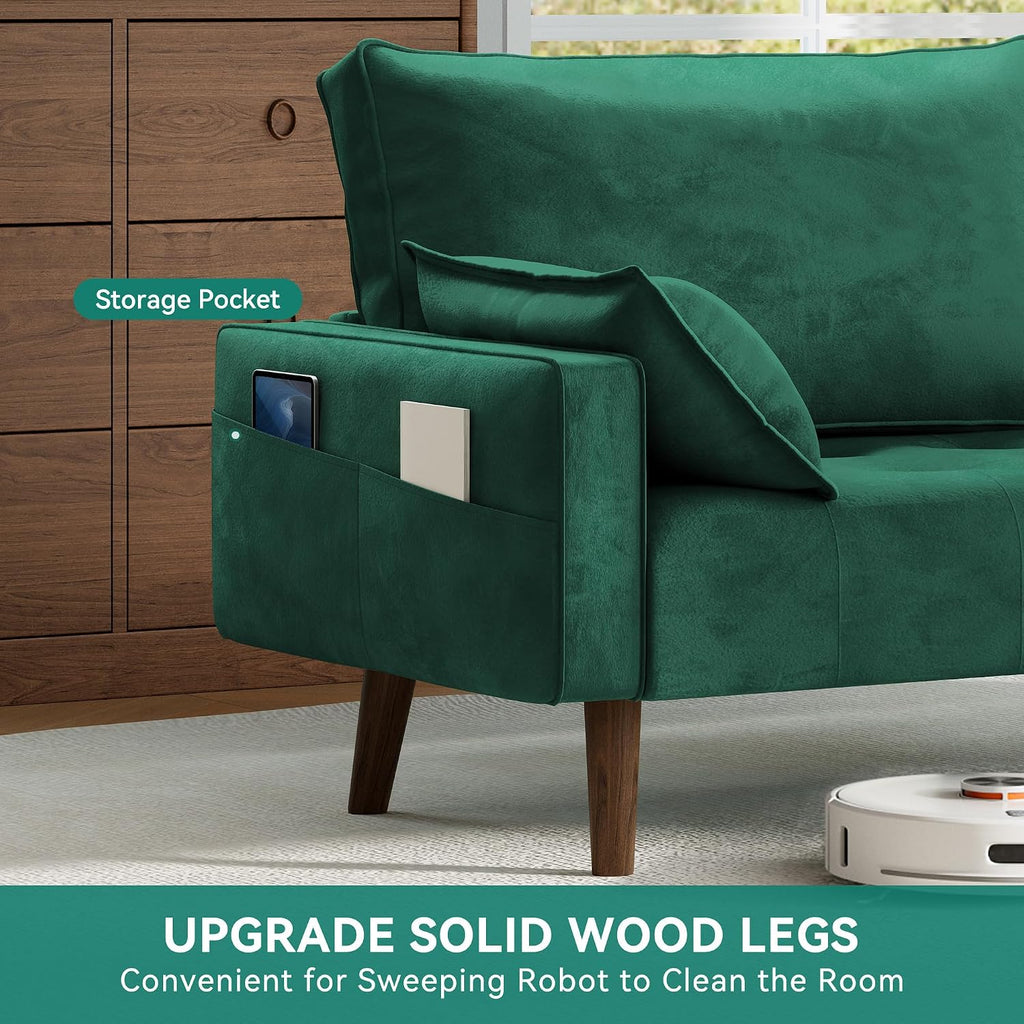 DWVO 68' Loveseat Sofa, Velvet Fabric Sofa Couch for Small Space, Modern Loveseat with Button Tufted Seat and Side Storage Pockect, 3 Seater Couch for Living Room Bedroom, 2 Pillows Included, Green
