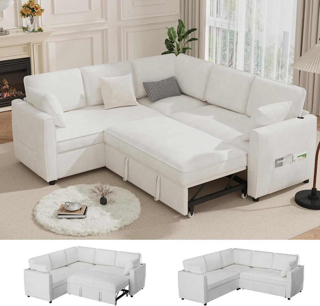 EROMMY 87' Sectional Sofa Couch with Pull Out Bed, 5 Seat L Shaped Pull Out Couch Bed with USB Ports, Velvet Modular Sleeper Sofa Bed with 2 Throw Pillows, Large Sectional Couches for Living Room