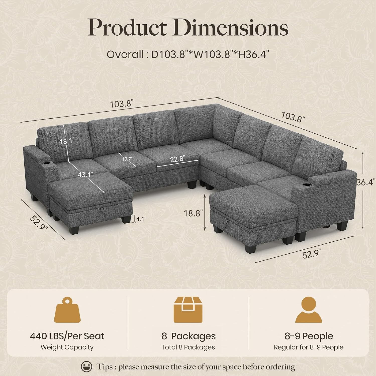 Belffin Modular Sectional Sofa Couch with Storage U Shape Convertible Corner Couches for Living Room Light Grey Couch
