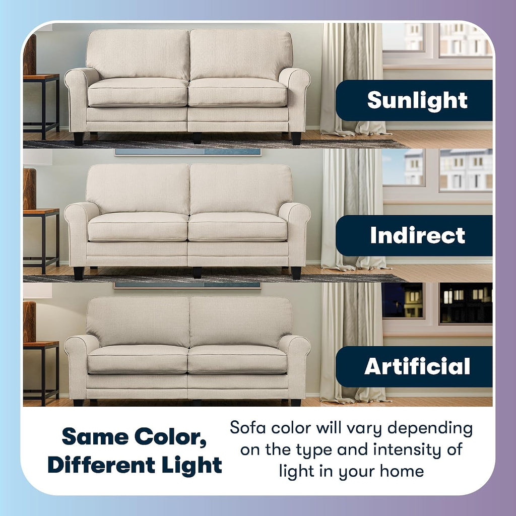 Serta Copenhagen Small Loveseat Sofa, 61 Inch Couch with Rolled Arms, Pocket Coil Seat Cushions, Removable Covers, Easy Care Polyester Upholstery for Living Room, Bedroom or Office, Buckwheat Beige