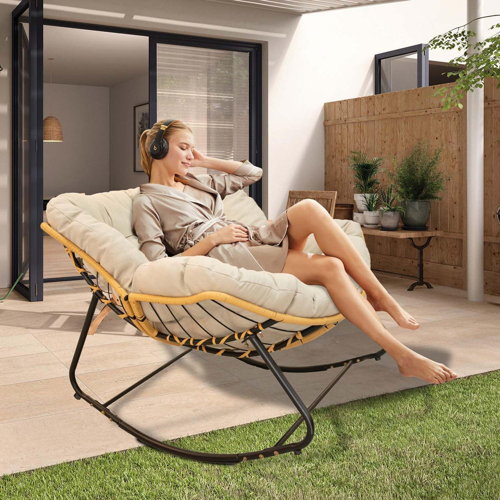 Oversized Papasan Rocking Chair Outdoor/Indoor, Boho Egg Wicker Recliner with Thick Cushion, Versatile Comfy Garden Seating Chairs for Living Room, Bedroom, Balcony, Patio (Beige+Black)