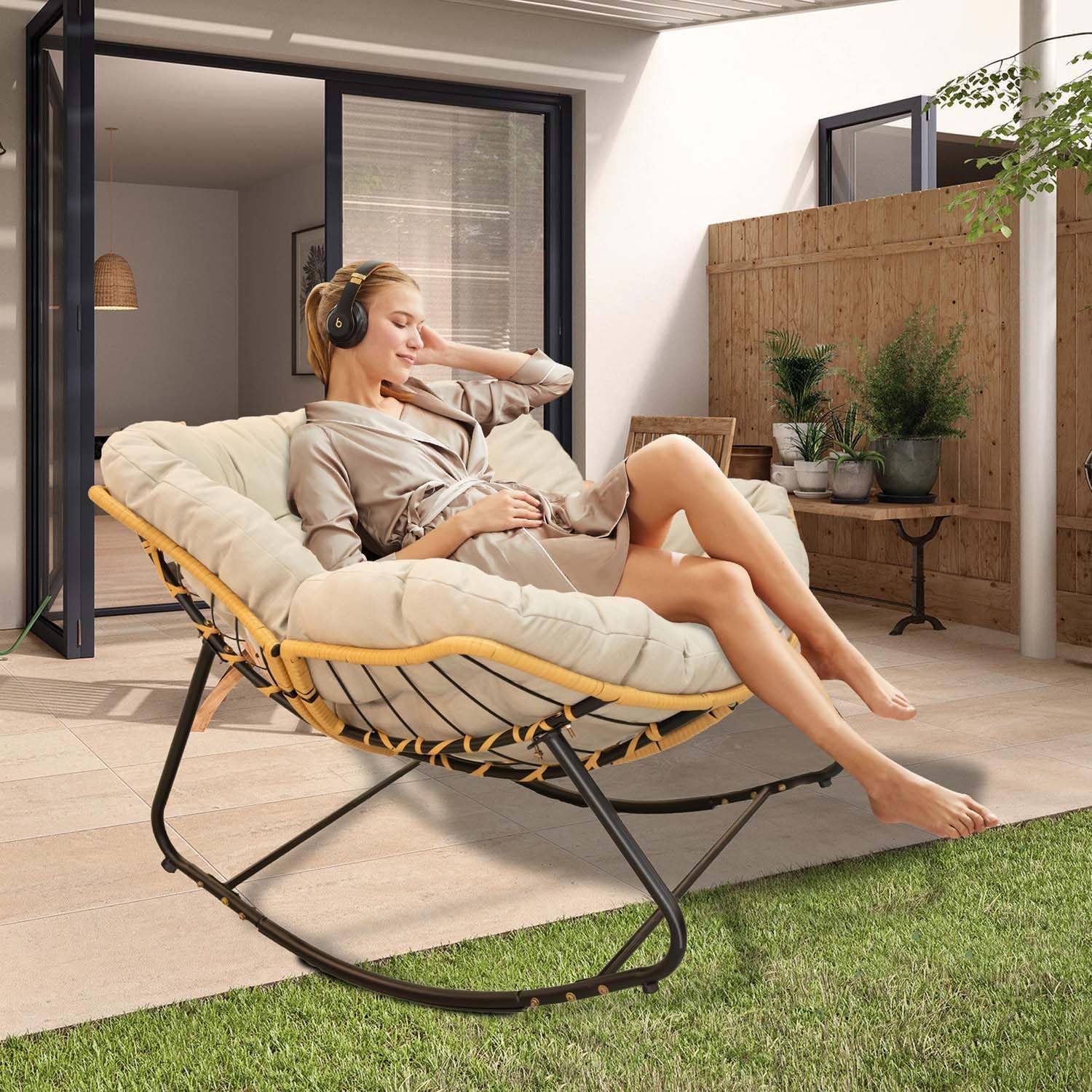 Rocking Papasan Chair Outdoor/Indoor, Oversized Wicker Recliner with Cushion and Frame, Comfy Round Royal Patio Rocking Chairs for Bedroom, Living Room, Balcony, Porch, Garden Xmas Gift (Beige+Black)