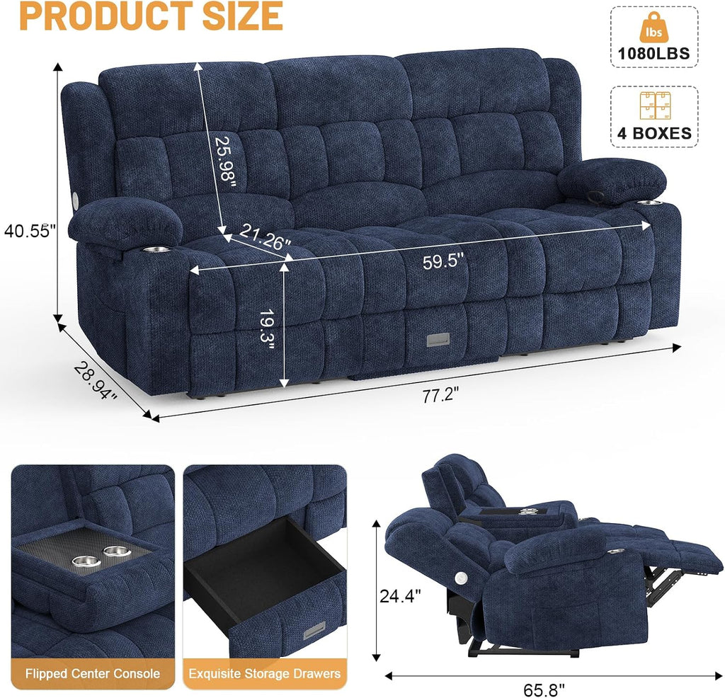 Dresegmt Loveseat Recliner Sofa, Flip Middle Backrest Design 3 Seat Reclining Sofa with Storage Drawer, USB Ports & Cup Holders, Manual Couch for Living Room/RV (Blue)