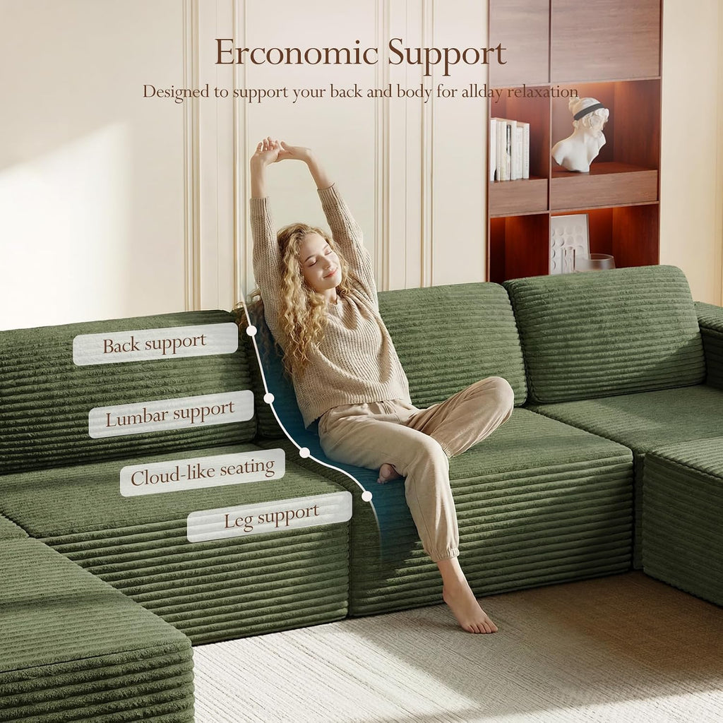 Vesgantti 159' Large Modular Sectional Sofa, U-Shaped Corduroy Cloud Couch with Deep Seats & Spring Support, 4-Seater Boneless Sofa with 2 Movable Ottomans, No Assembly Needed, Green
