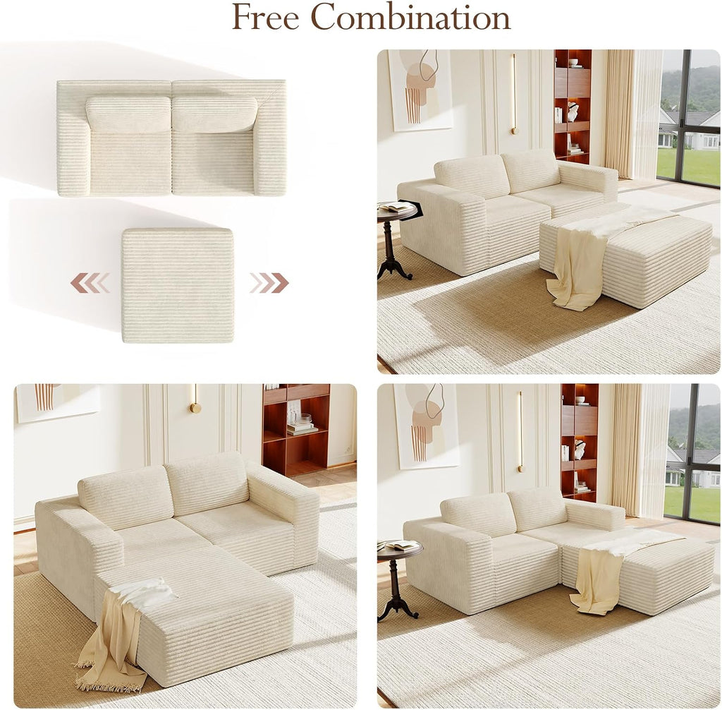 Vesgantti 80' Modular Sectional Sofa, Corduroy Cloud Couch with Deep Seats & Spring Support, Compact 2 Seater Boneless Couch, L-Shaped Modular Sofa for Small Spaces, Apartments, No Assembly, Beige