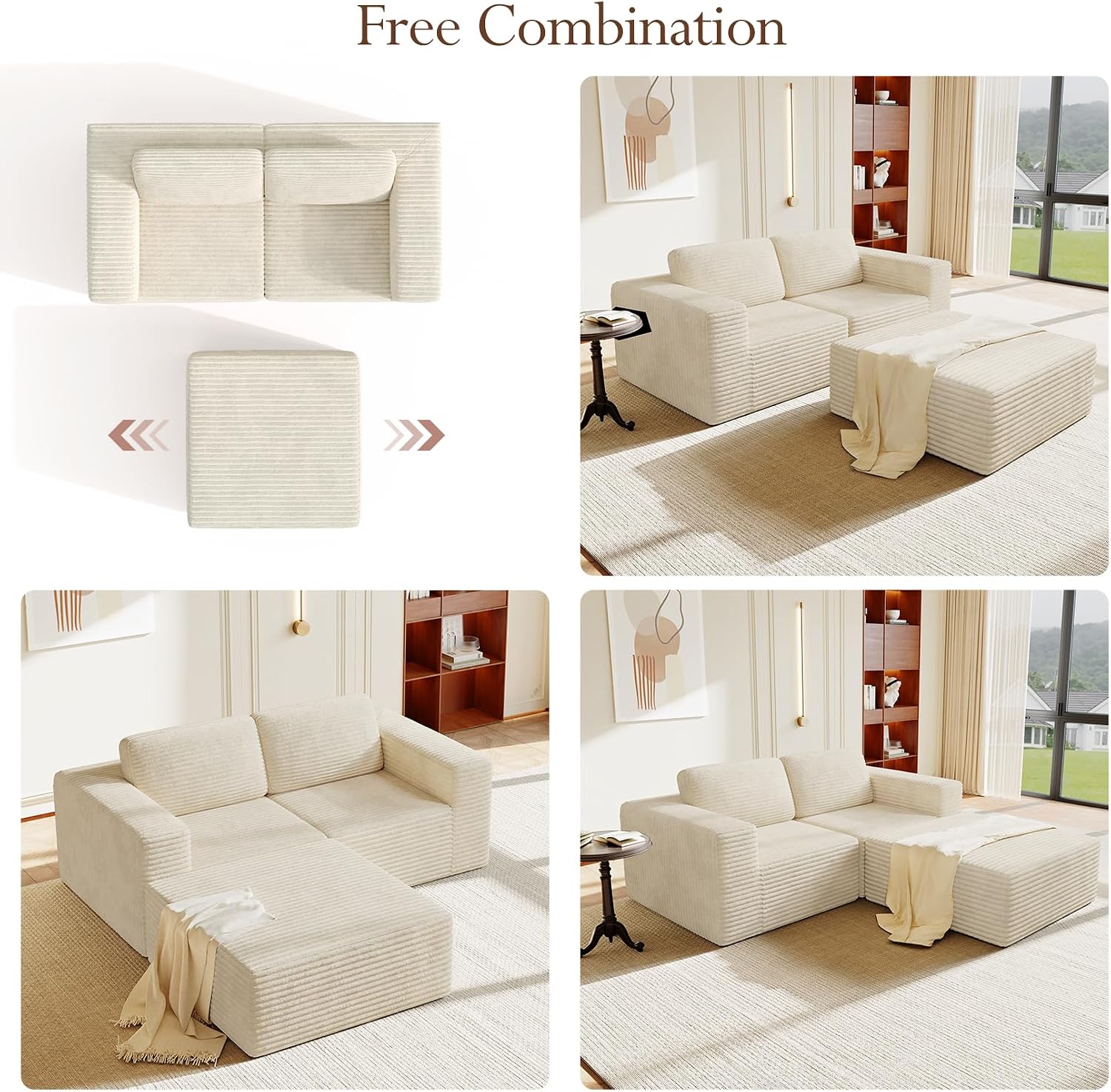 Vesgantti 80' Modular Sectional Sofa, Corduroy Cloud Couch with Deep Seats & Spring Support, Compact 2 Seater Boneless Couch, L-Shaped Modular Sofa for Small Spaces, Apartments, No Assembly, Beige