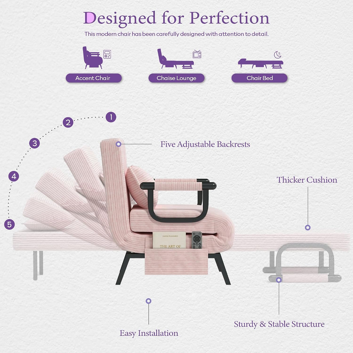 TYBOATLE Sleep Chair Bed, Comfy Convertible Sleeper Chairs for Adults, 5 in 1 Folding Sofa Bed with Adjustable Backrest & Side Pockets & Pillow, Cozy Small Corduroy Couch for Small Spaces (Pink)