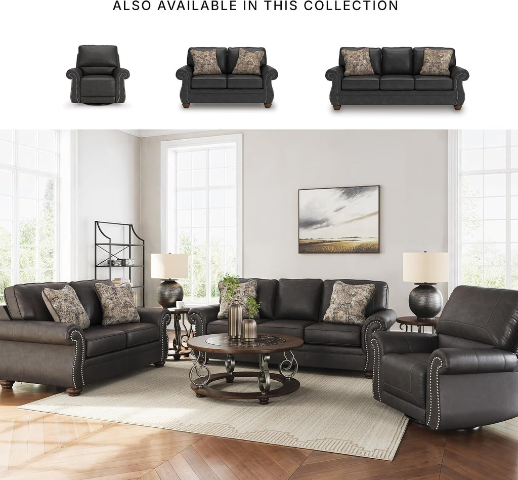 Signature Design by Ashley Shadsburne Rustic Faux Leather Sofa with Nailhead Trim and 2 Chenille Throw Pillows, Pillows with Soft Polyfill, Reinforced Frame for Added Stability, Black
