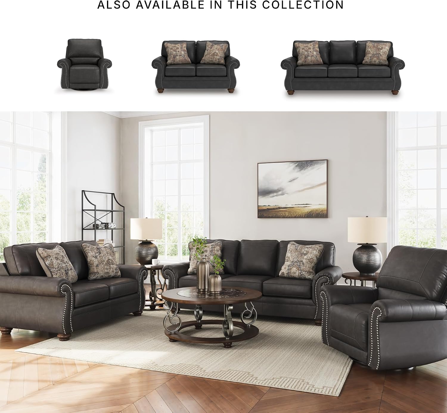 Signature Design by Ashley Shadsburne Rustic Faux Leather Sofa with Nailhead Trim and 2 Chenille Throw Pillows, Pillows with Soft Polyfill, Reinforced Frame for Added Stability, Black
