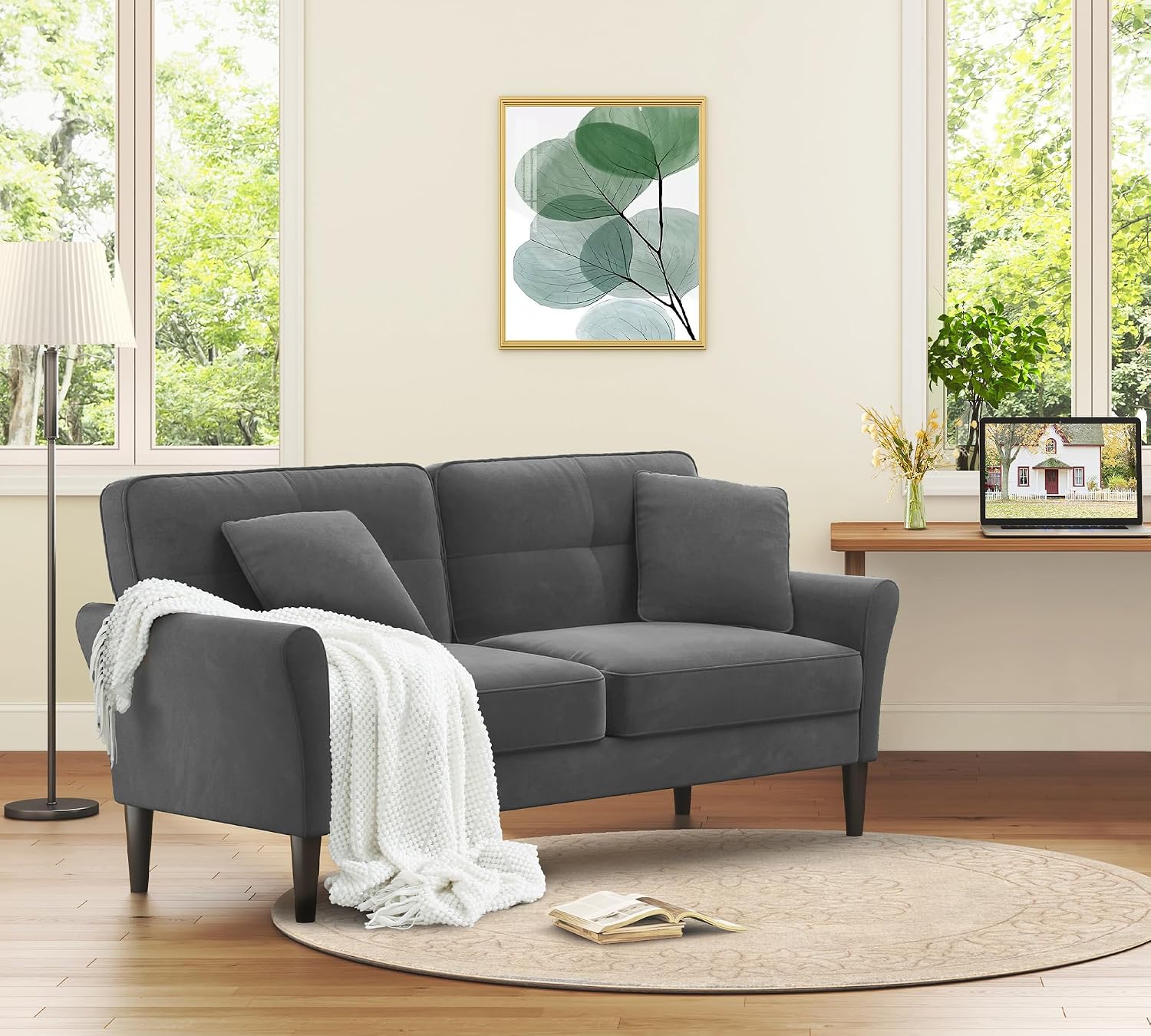 Loveseat Sofa, 69' Love Seat Couches, Comfy Velvet Small Couches for Small Spaces with 2 Pillows, Tool-Free Setup Sofas & Couches, 700lb Load Sofas for Living Room, Mini Couch for Bedroom, Grey Couch