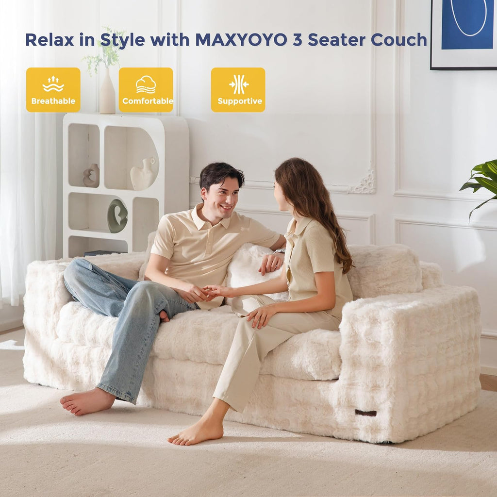 MAXYOYO 3 Seater Sofa for Living Room, Tufted Boneless Couch Bubbled Sofa Couch, Comfy Bean Bag Chair for Bedroom Apartment, No Assembly Needed, Beige