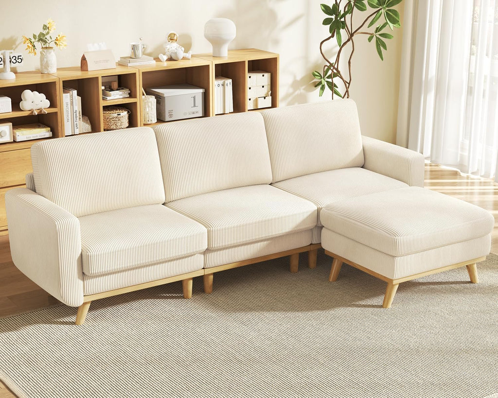 Vesgantti 97' Modular Sectional Sofa Beige, L-Shaped Couch with Movable Ottoman, Comfy Corduroy Couch with Spring Cushion, Modular Sofa with Deep Seat for Living Room, Bedroom and Apartment