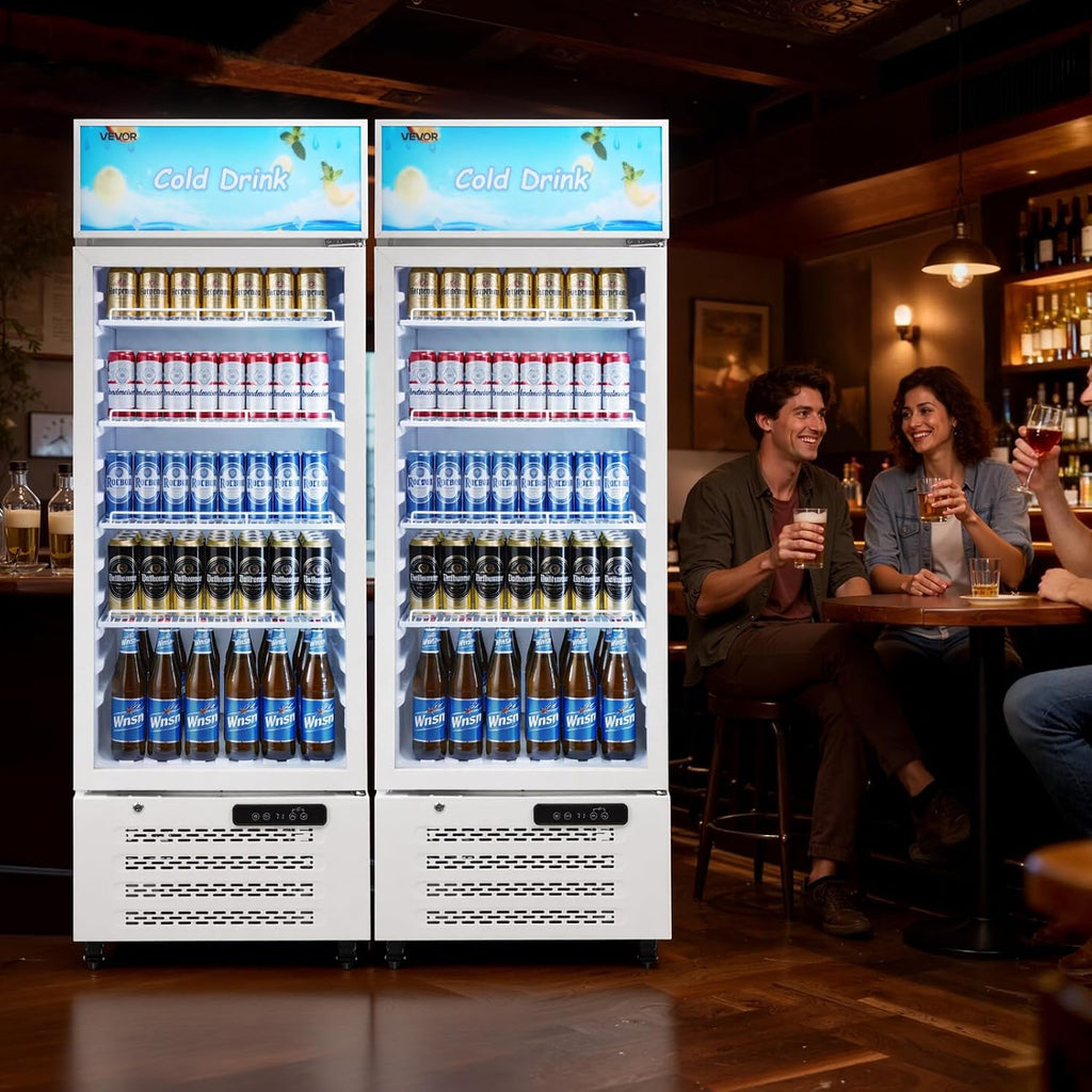 VEVOR Commercial Merchandiser Refrigerator, 9.6 Cu.Ft / 273 L Glass Door Display Refrigerator, Upright Beverage Cooler with Customizable Lightbox, 4 Adjustable Shelves & Soft LED Light for Homes Shops