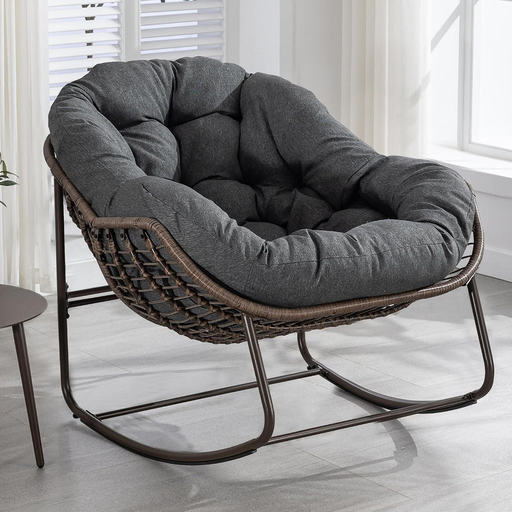 HOMEFUN Nursery Rocking Chairs Oversized Papasan Chair Indoor with Padded Cushion Upholstered Glider for Reading Living Rooms BedroomsOffices, Grey
