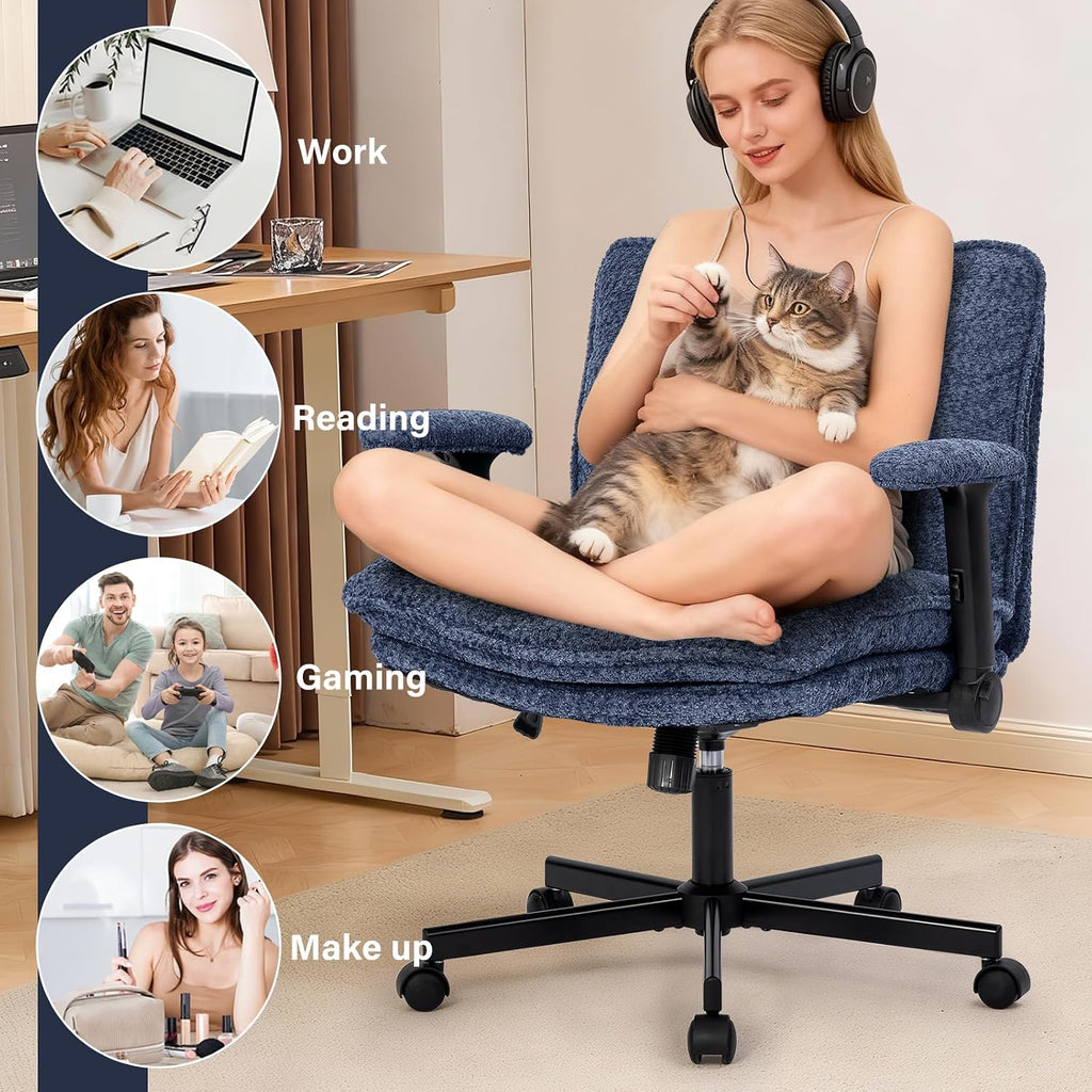 Kassipo Criss Cross Legged Office Chair with Wheels and Flip-Up Arms, Upholstered Criss Cross Desk Chair, Wide Seat Chairs for Home Office, Vanity, Apartment, Navy Blue