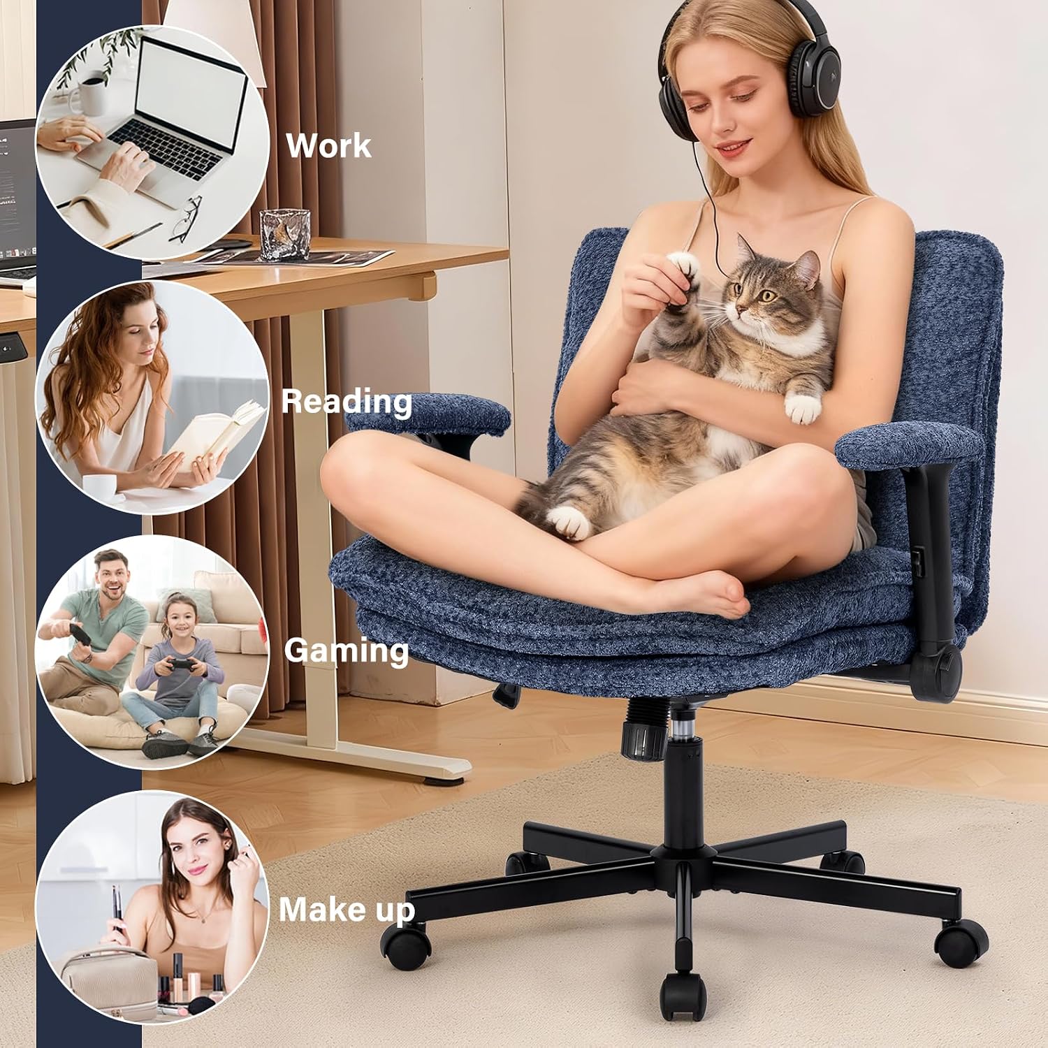 Kassipo Criss Cross Legged Office Chair with Wheels and Flip-Up Arms, Upholstered Criss Cross Desk Chair, Wide Seat Chairs for Home Office, Vanity, Apartment, Navy Blue