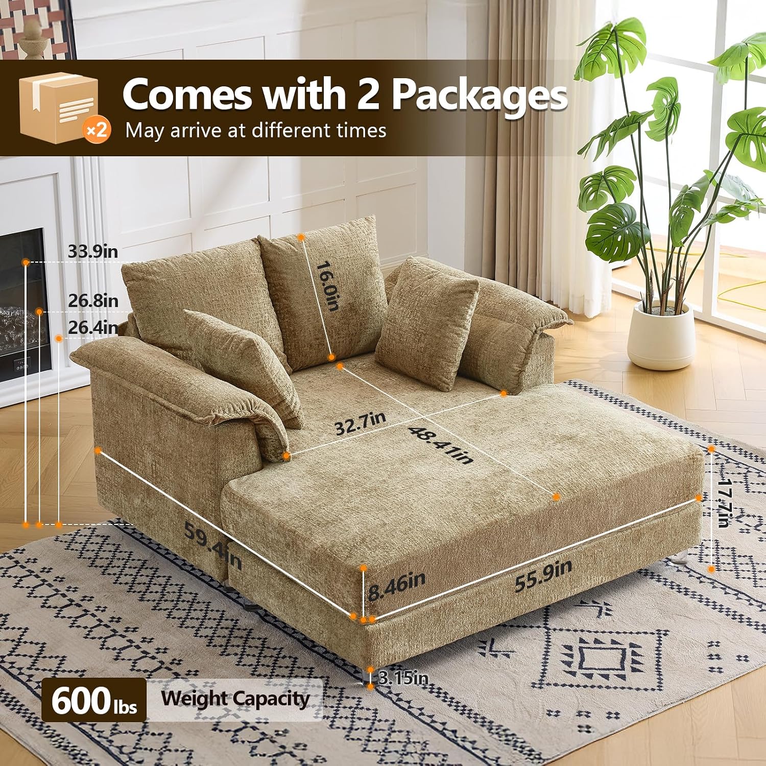 VINGLI Modern Floating Chaise Lounge Chair with LED Lights & Acrylic Legs, Upholstered Cushion Deep Seat Lounge Sofa with Iron-Wood KD Frame, Pillow Armrest Accent Chair for Living Room, Apartment
