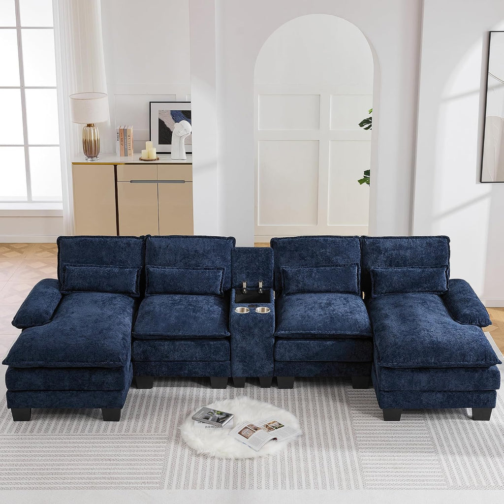 125'' U Shaped Cloud Modular Sofa with Chaise Lounges, Upholstered Comfy Sectional Couch with Storage Console, USB Charging & Cup Holders, Small Deep Seat Sofa for Living Room, Sherpa- Chenille Navy