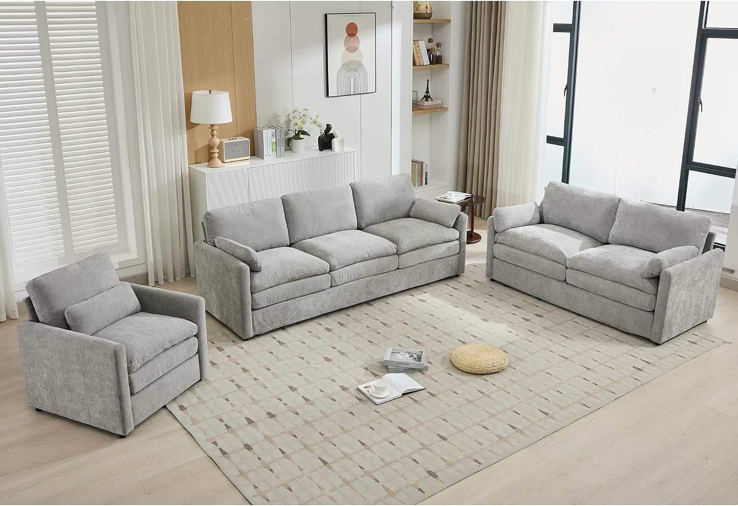 Harper & Bright Designs 3-Piece Chenille Fabric Upholstered Sofa Set with Oversized Comfy Cloud 3-Seater Couch, Loveseat Sofa and Armchair, Double Plush Cushion for Living Room