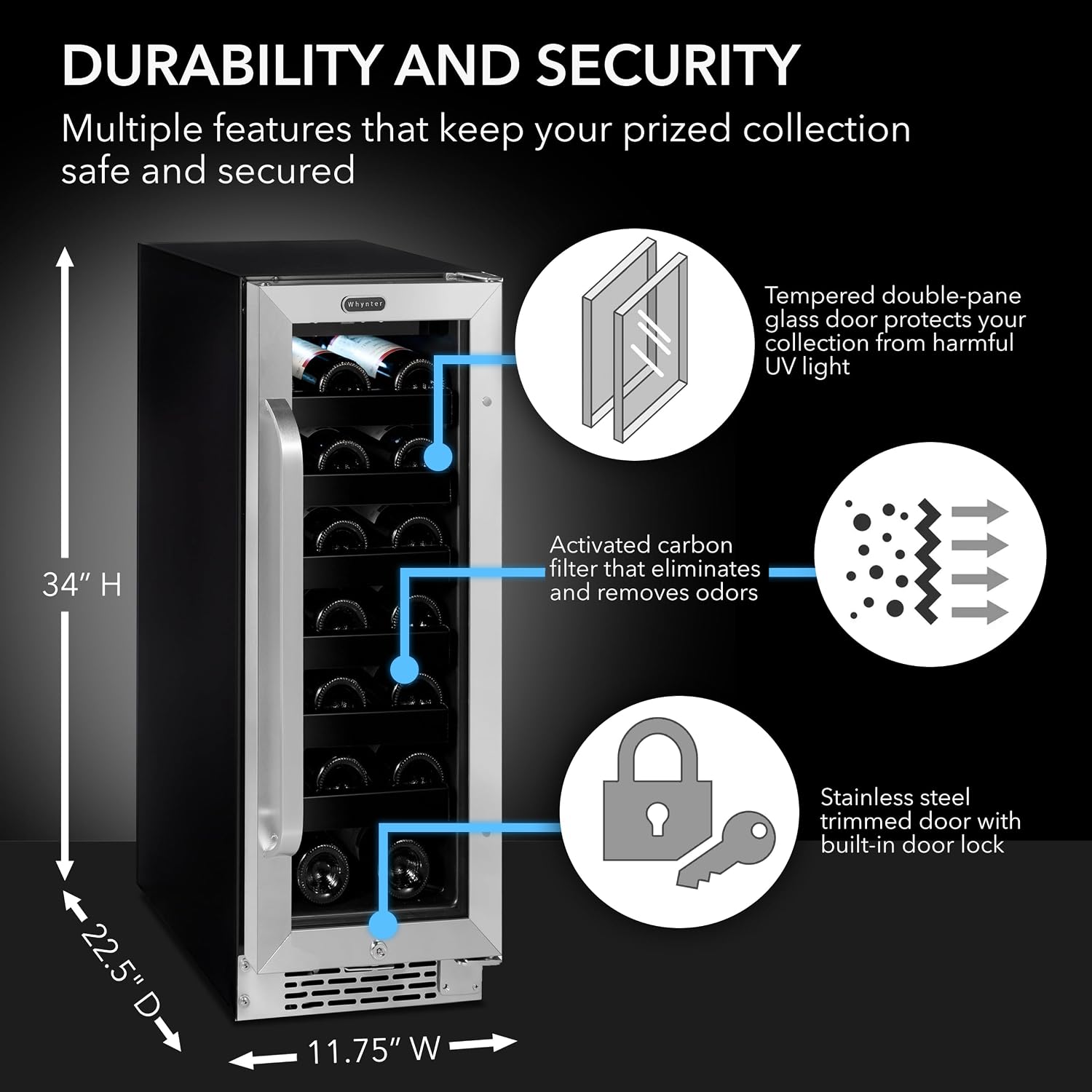 Whynter BWR-208SB Stainless Steel 12 inch Built-in 20 Bottle Undercounter Wine Refrigerator with Reversible Door, Digital Control and Lock