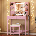 Vanity Desk with Mirror and LED Lights, Small Makeup Vanity Table Set with Drawers and Chair, Dressing Table with Power Outlet for Girls Bedroom, Pink