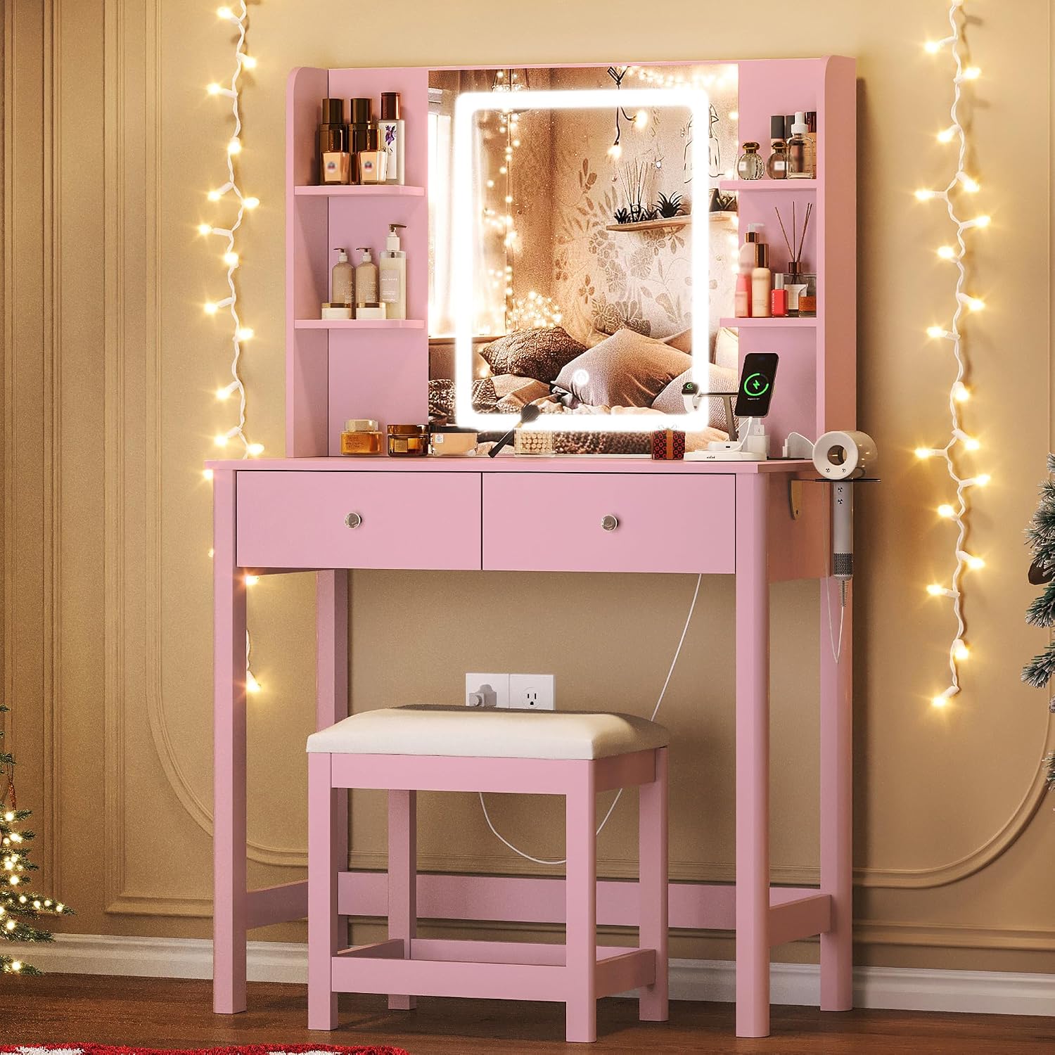 Vanity Desk with Mirror and LED Lights, Small Makeup Vanity Table Set with Drawers and Chair, Dressing Table with Power Outlet for Girls Bedroom, Pink