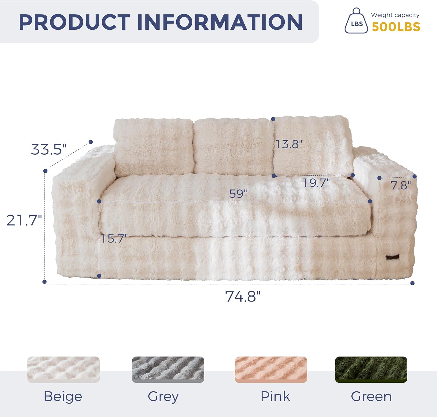 MAXYOYO 3 Seater Sofa for Living Room, Tufted Boneless Couch Bubbled Sofa Couch, Comfy Bean Bag Chair for Bedroom Apartment, No Assembly Needed, Beige