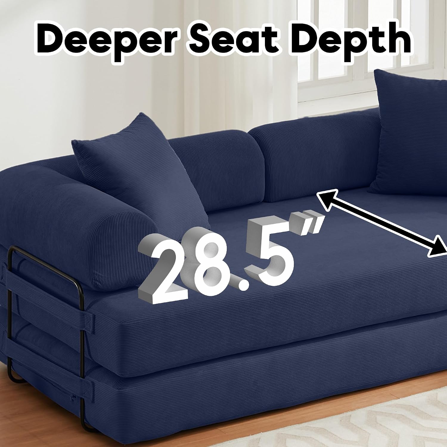 ZEIINPA Convertible Sleeper Sofa Bed with Cylindrical Pillow, Corduroy Folding Boneless Couch with Fixed-Shape Frame, Floor Sofa Lounge Couch for Living Room Bedroom Lounge Studio-Blue