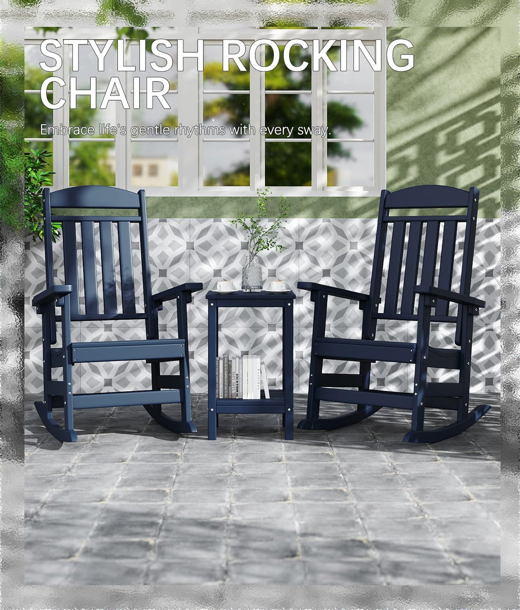 FOOWIN Outdoor Rocking Chair Set of 2, High Back Patio Rocking Chair, HDPE All Weather Resistant Porch Rocker for Adult, Oversized Rocking Chairs for Garden, Lawn, Indoor & Outdoor Use, Navy Blue