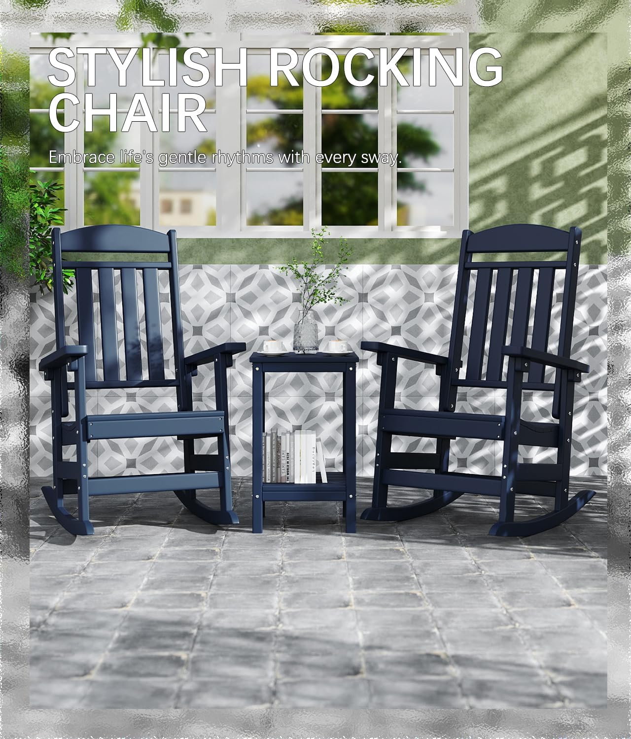 FOOWIN Outdoor Rocking Chair Set of 2, High Back Patio Rocking Chair, HDPE All Weather Resistant Porch Rocker for Adult, Oversized Rocking Chairs for Garden, Lawn, Indoor & Outdoor Use, Navy Blue