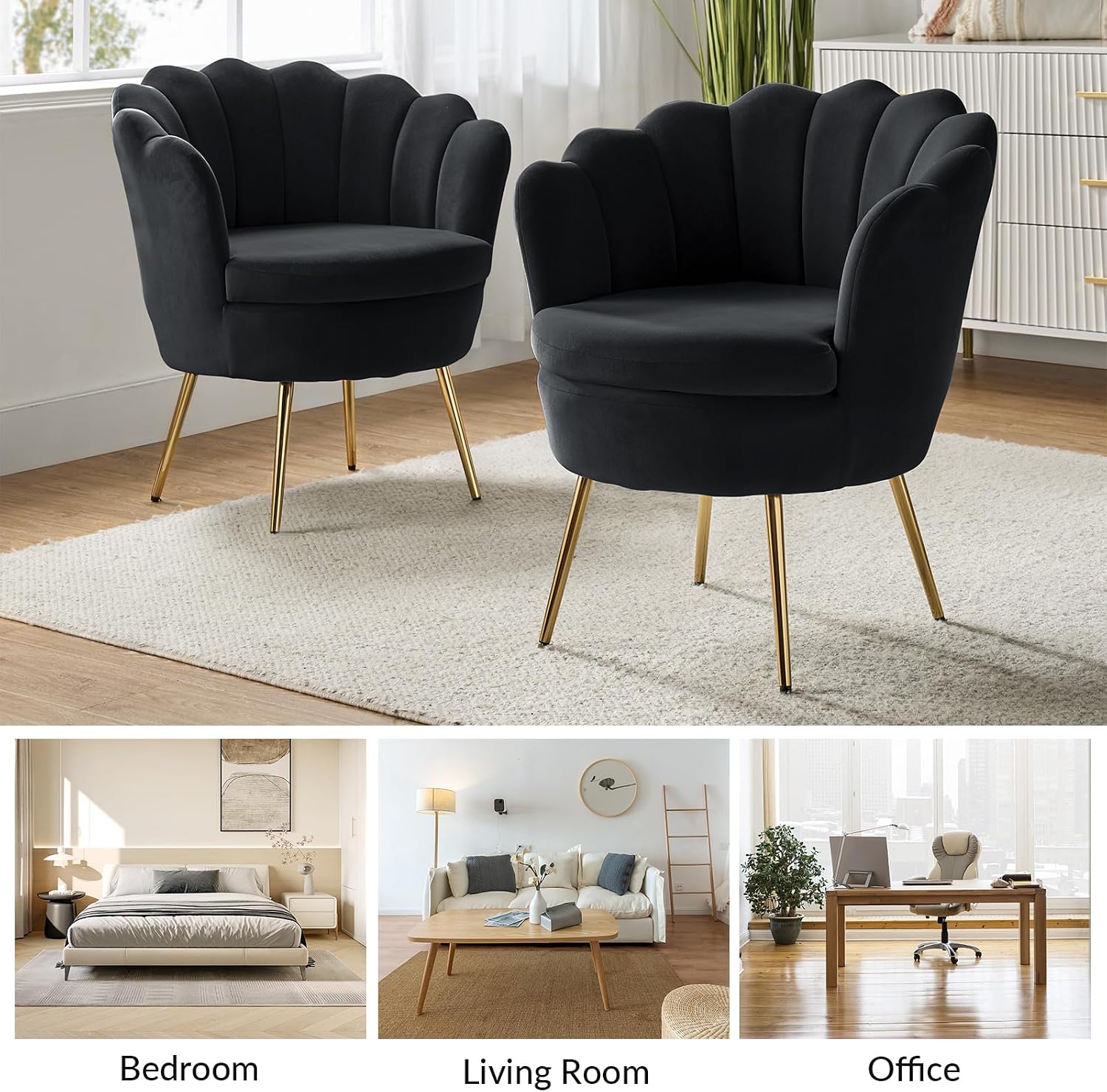 HULALA HOME Modern Velvet Accent Chair with Shell Shaped Back, Cute Living Room Bedroom Armchair with Gold Legs, Comfy Upholstered Vanity Chair for Makeup Room, Black