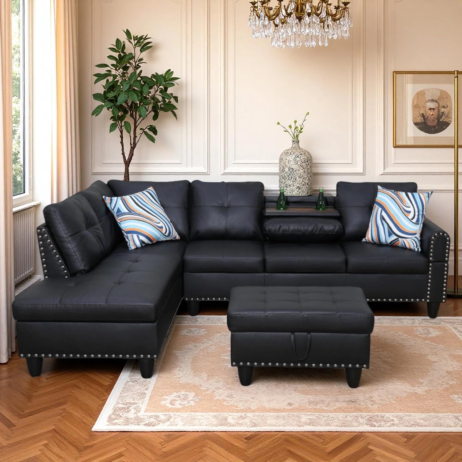 Leather Sectional Sofa with Movable Chaise & Storage Ottoman, 3-Piece Modular Convertible L-Shaped Couches for Living Room, Apartment & Office, Black