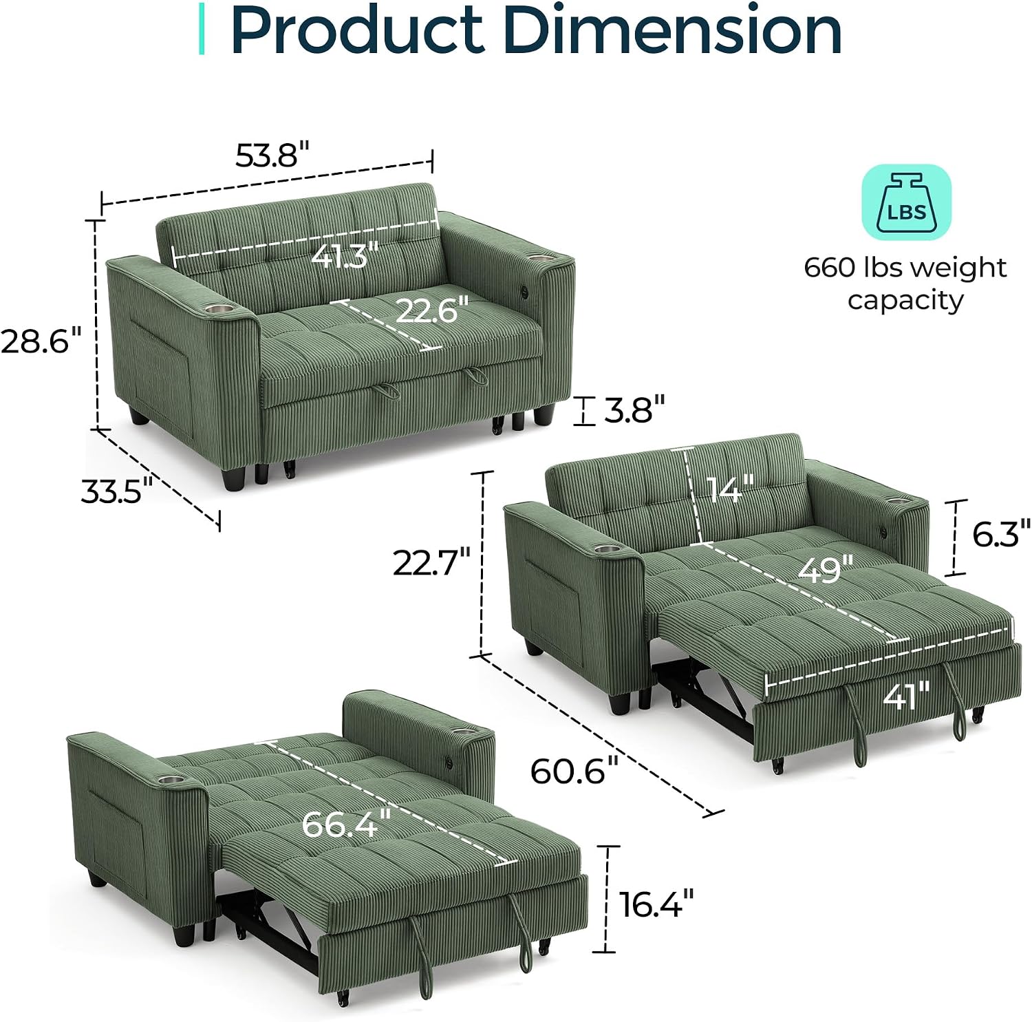 LINSY 54' Pull Out Couch with Charging Station - Sleeper Sofa Bed with Cup Holder, Small 3 in 1 Convertible Loveseat Sleeper Couch for Apartment, Dorm Room, Bedroom and Small Space, Olive Green