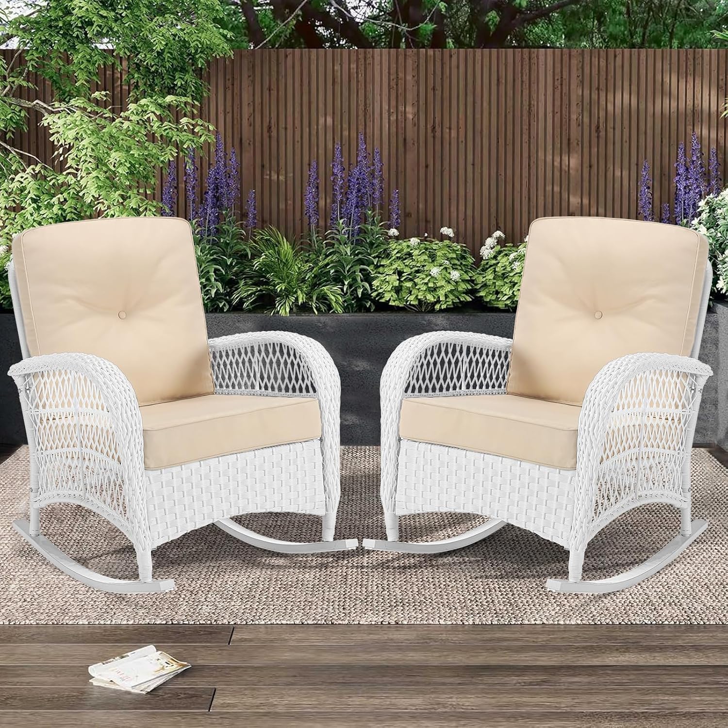 MEETWARM Outdoor Wicker Rocking Chairs Set of 2, Rattan Patio Rocker Chairs with Thick Cushions and High Back, All-Weather Patio Wicker Chair with Safe Rocking Design for Garden, White/Beige