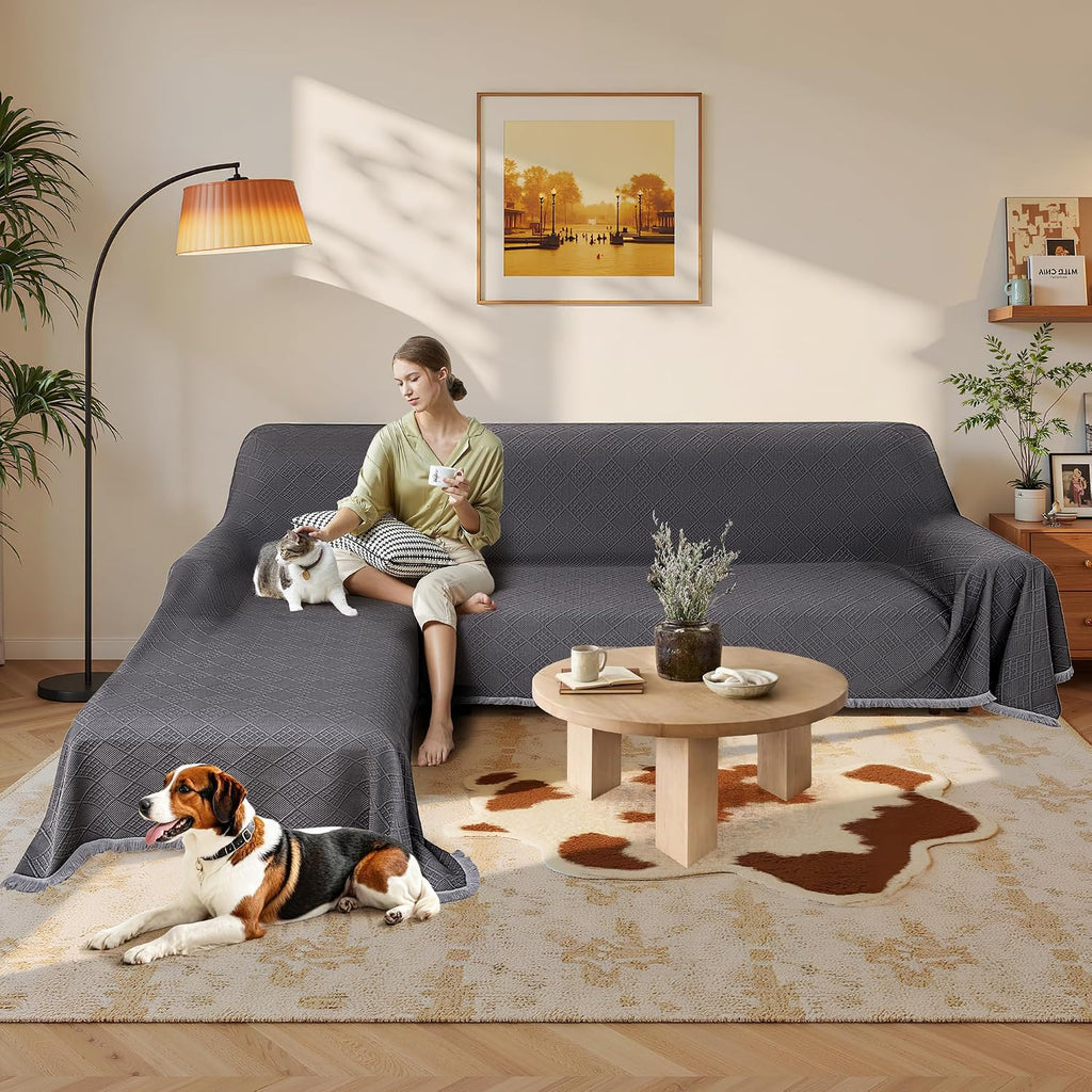 Waterproof L Shaped Sectional Couch Covers Blanket 2 Piece Sectional Sofa Cover Washable L Shape Sofa Slipcover Jacquard Quilted Furniture Protector for Dogs Pets Cats (X-Large, Dark Grey)