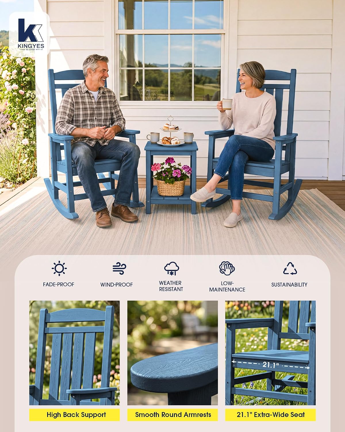 KINGYES Oversized HDPE Patio Rocking Chair Set of 2, Outdoor Rocking Chairs Porch Rocker for Adults, Navy
