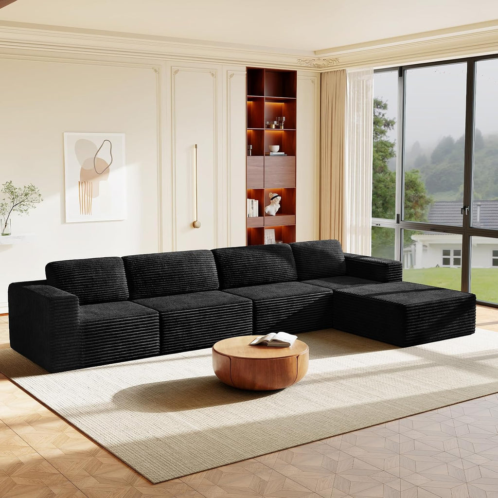 Vesgantti 159' Large Modular Sectional Sofa, L-Shaped Corduroy Cloud Couch with Deep Seats & Spring Support, 4-Seater Boneless Sofa with Movable Ottoman, No Assembly Needed, Black