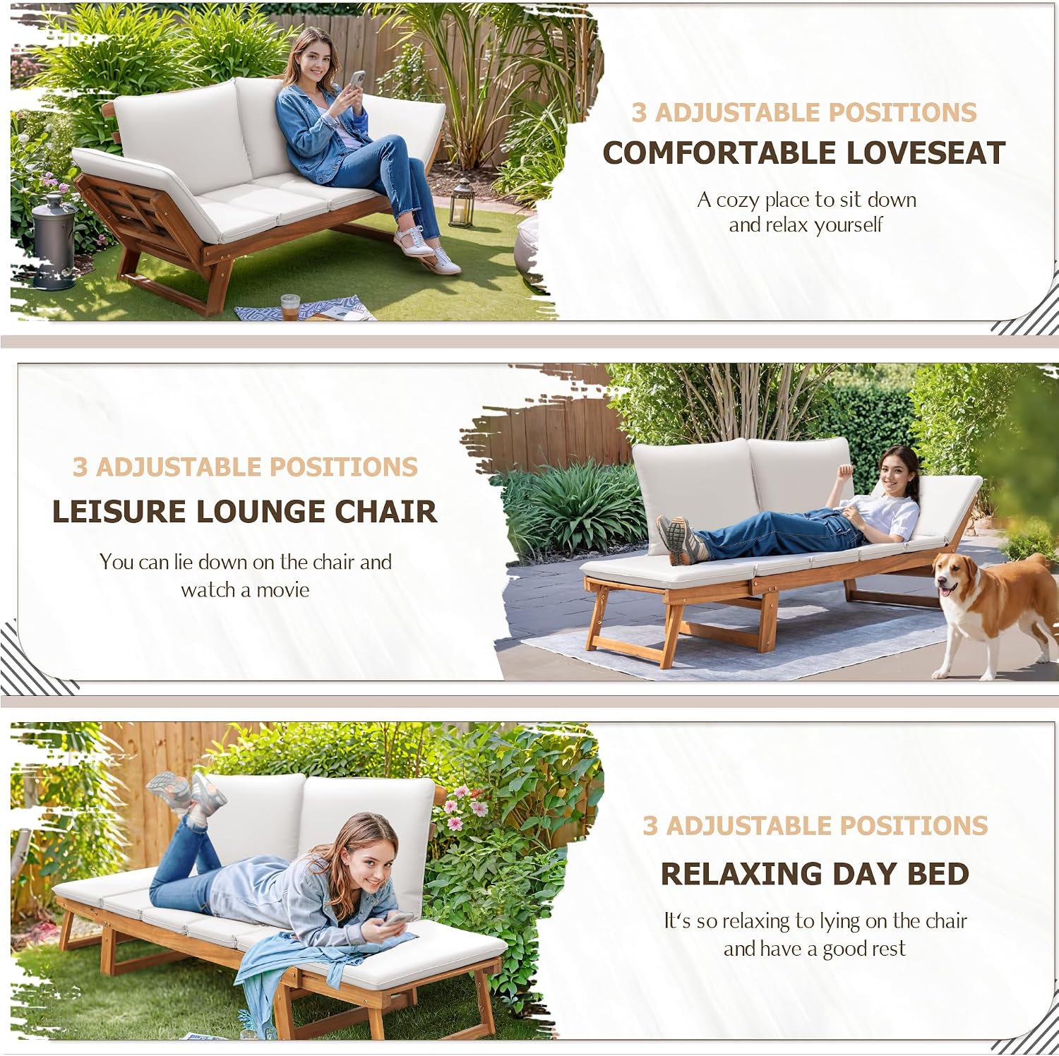 Devoko Outdoor Couch Acacia Wood Patio Couch with Adjustable Armrests, Outdoor Convertible Sofa with Removable Cushions & Pillows for Patio, Porch, Poolside(White)
