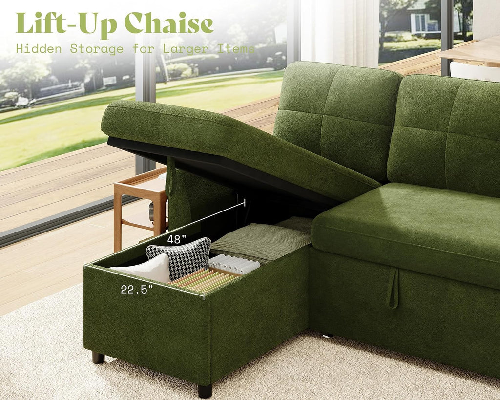 AMEILIFE Sofa Bed, Sleeper Sofa with Storage Chaise, Convertible Sofa Bed with Pull Out Couch, l Shaped Couch for Living Room-Green Linen