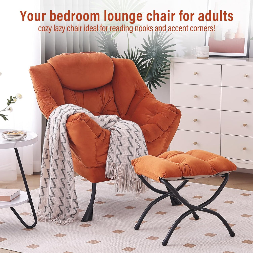 Furlide Lazy Chair with Ottoman, Modern Accent Chair with Armrests and a Side Pocket, Velvet Orange Accent Chairs, Reading Chairs, Oversized Armchairs for Bedroom, Study, Living Room, Courtyard