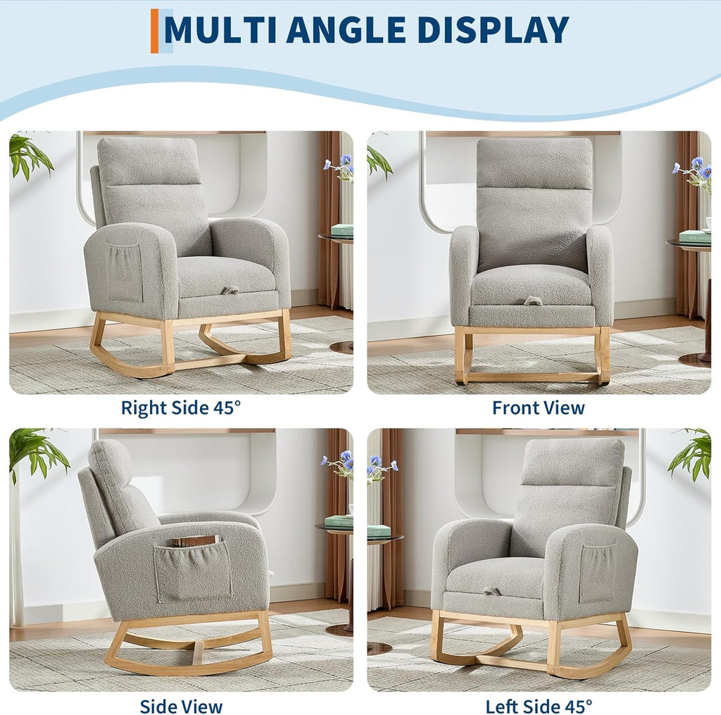 Nursery Rocking Chair with Foot Rest,Modern PU Upholstered Reading Glider Chair,High Backrest & Side Pocket for Living Room, Bedroom, Baby Room
