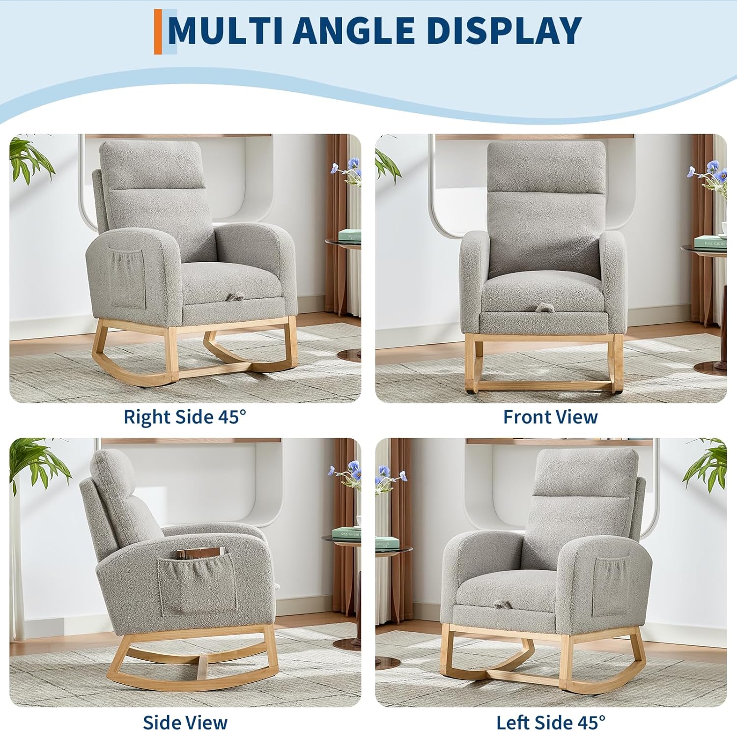 Nursery Rocking Chair with Foot Rest,Modern PU Upholstered Reading Glider Chair,High Backrest & Side Pocket for Living Room, Bedroom, Baby Room