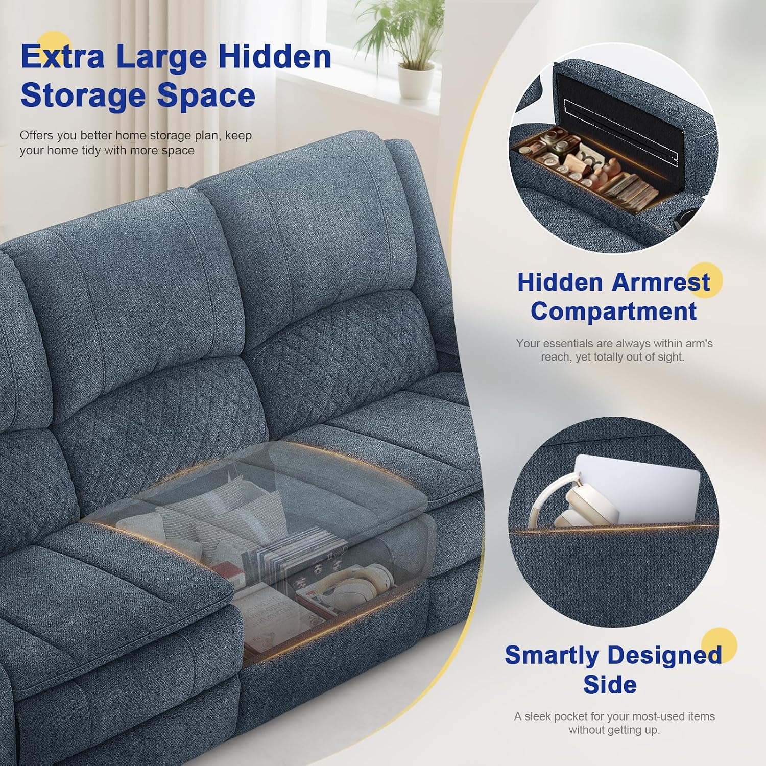 3+1+1 Manual Recliner Sofa, Maximum Load Capacity 2250lbs & Ergonomics Design, Multi-Functional Middle Seat & Home Theater Seating with Removable Armrest and Storage for RV Living Room (Fabric,Blue)