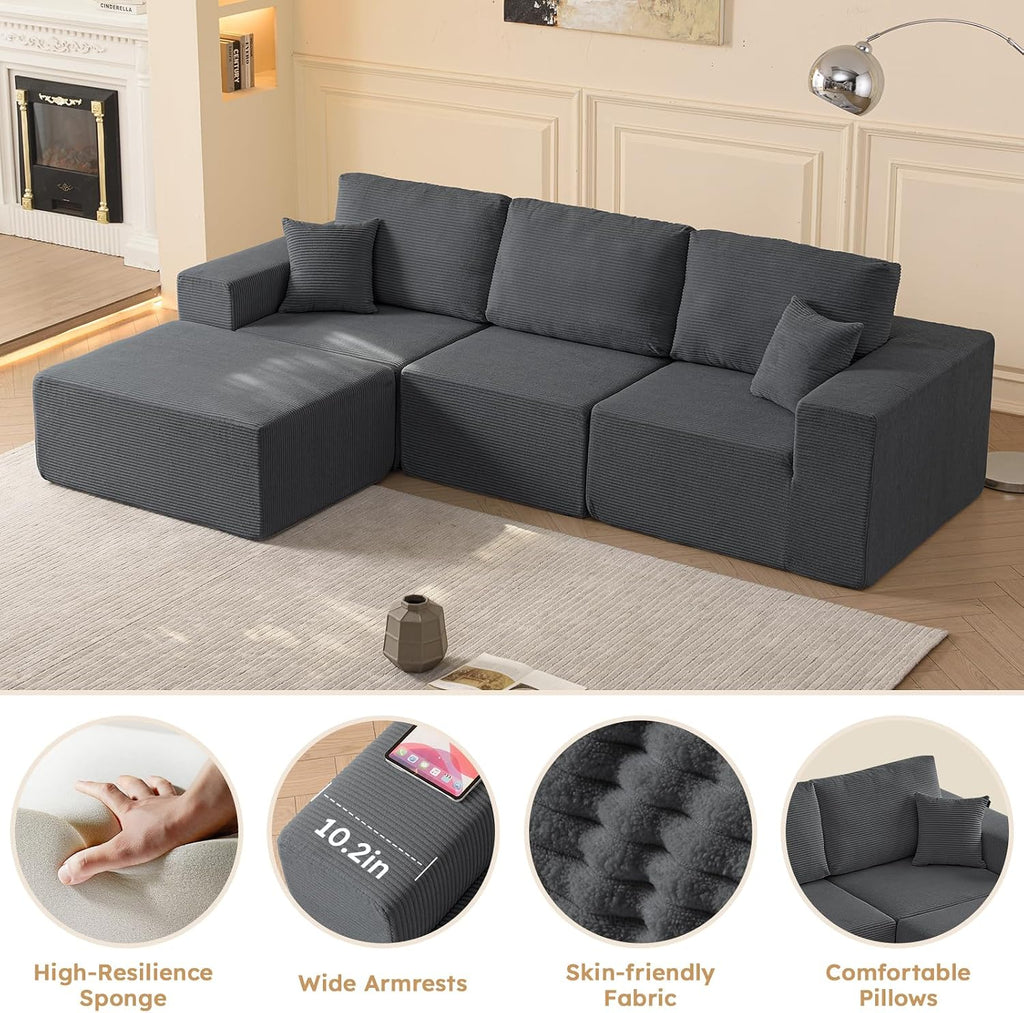 Modular Sectional Couch Modern 108' L Shaped Boneless Cloud Couch with Deep Seat, Sectional Sofa for Living Room Bedroom Apartments Dorms, No Assembly Required, Dark Grey